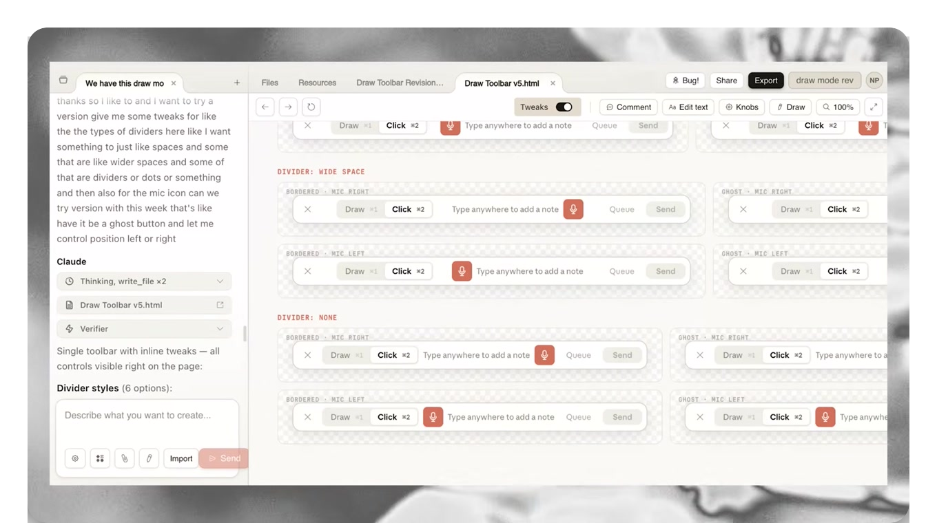 Screenshot: a chat with Claude on the left and generated toolbar variations on the right, in the prototype tool that preceded Claude Design