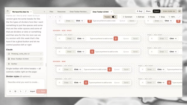 A digital design tool interface displaying prompt text for Claude on the left and generated toolbar UI variations on the main preview canvas.