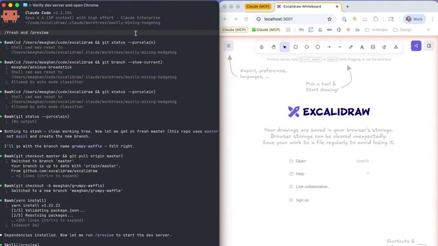 A split-screen interface displaying a dark terminal running Claude Code commands on the left and a browser preview of an Excalidraw canvas on localhost:3001 on the right.