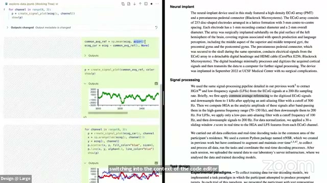 A split-screen interface displaying a code editor with Jupyter notebook code and output plots on the left side, side-by-side with an academic research paper discussing signal processing on the right side.