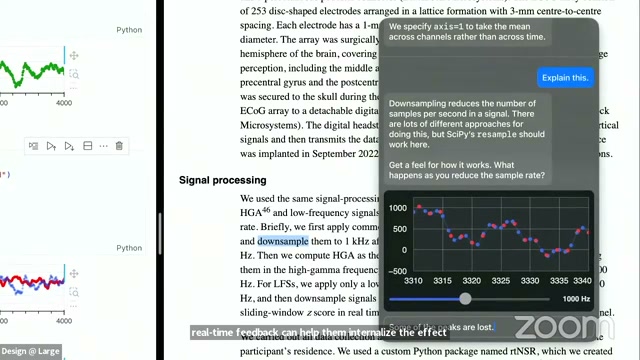 A notebook interface displaying a document on signal processing alongside an interactive chat overlay containing a signal plot with a sample rate slider.