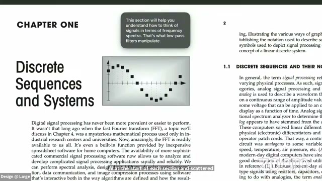 Digital textbook page displaying Chapter One, 'Discrete Sequences and Systems', featuring printed text columns, a plot of a discrete sine wave, and an overlaid dark speech-bubble note from an AI.