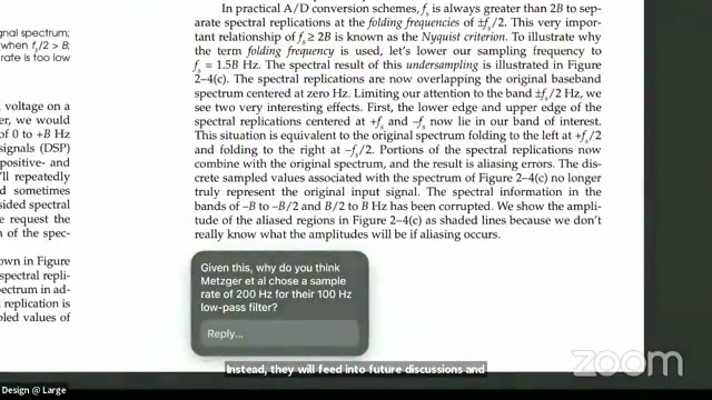 A textbook page about the Nyquist criterion overlaid with an AI prompt popup asking a comprehension question about a 200 Hz sample rate for a 100 Hz low-pass filter.