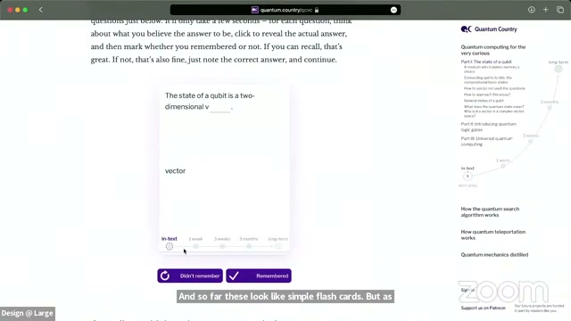 Screenshot of a Quantum Country digital flashcard with a fill-in-the-blank question, revealed answer, spaced repetition timeline, and buttons for 'Didn't remember' and 'Remembered'.