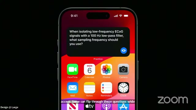 A smartphone home screen featuring a dark Practice widget displaying the question: When isolating low-frequency ECoG signals with a 100 Hz low-pass filter, what sampling frequency should you use?