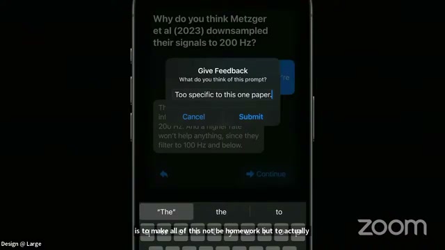 A smartphone screen displaying a learning prompt with an overlay modal titled 'Give Feedback', where the typed response reads 'Too specific to this one paper.'