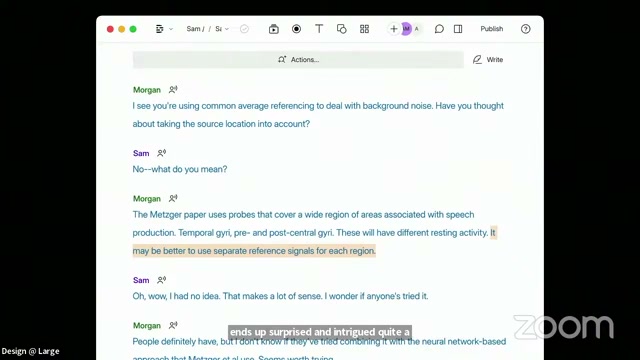 A digital document displaying a transcript of a conversation between Morgan and Sam, with a highlighted sentence from Morgan suggesting the use of separate reference signals for each region.