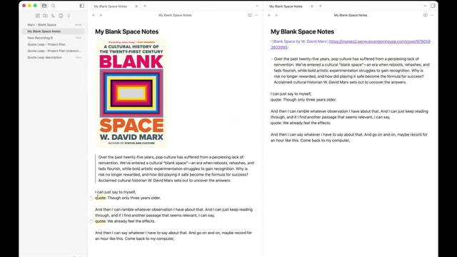 Side-by-side view comparing a live rendered note on the left showing a book cover, text block, and yellow-highlighted voice quotes with play buttons, next to raw Markdown source code on the right.