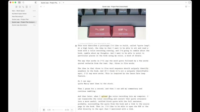 Screenshot of a text editor displaying a document titled Quote Leap, featuring an embedded photo of custom keyboard keycaps labeled LEAP, transcribed text with the word upload highlighted, and an audio playback bar at the bottom showing time 1:26.