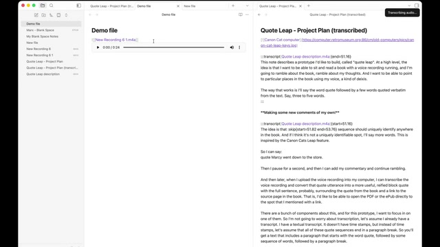 Split-screen view of a note-taking application showing a 'Demo file' with an embedded audio player on the left and a 'Quote Leap - Project Plan (transcribed)' document on the right displaying text with transcript directives and a 'Transcribing audio...' notification badge.