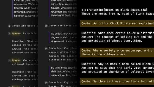 Three overlapping dark-mode editor panes demonstrating Markdown quote directives resolving into expanded text and structured Q&A blocks.