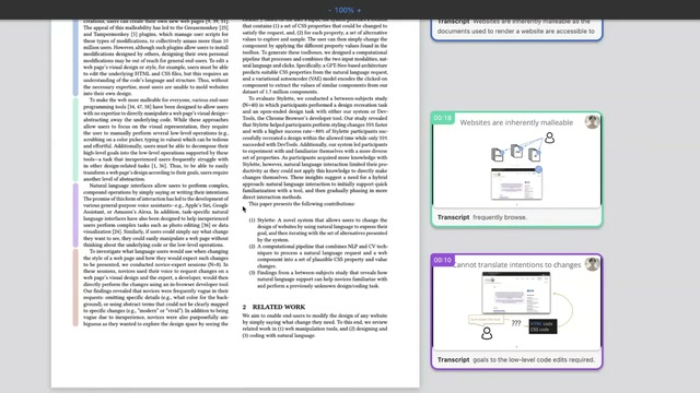 A user interface displaying a two-column academic paper on the left with color-coded sidebar indicators, paired with timestamped video slide previews and transcripts on the right.