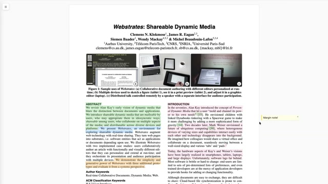 Academic paper document showing highlighted text sections and a small yellow box reading Margin note! anchored to the right margin aligned with a paragraph in the Introduction section.