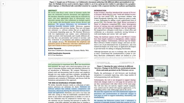 A digital document interface displaying color-highlighted two-column text, with certain sections vertically squished into dense lines, accompanied by a right-hand sidebar featuring video thumbnails and margin notes.