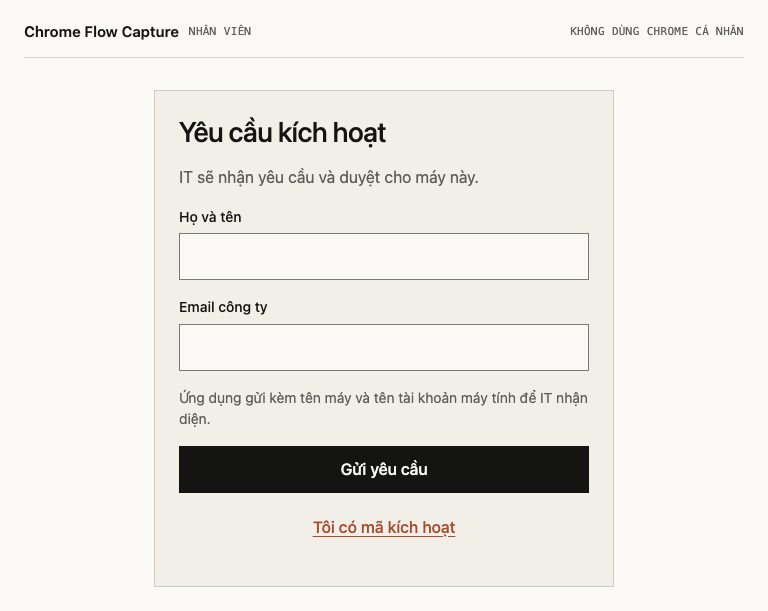 The app's first screen on a new computer, in Vietnamese: an activation request form with empty fields for name and company email, a Send request button, and a link for people who already have an activation code