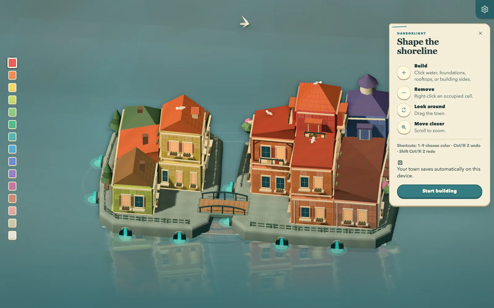 Harborlight's first screen with the town and a short guide to its controls