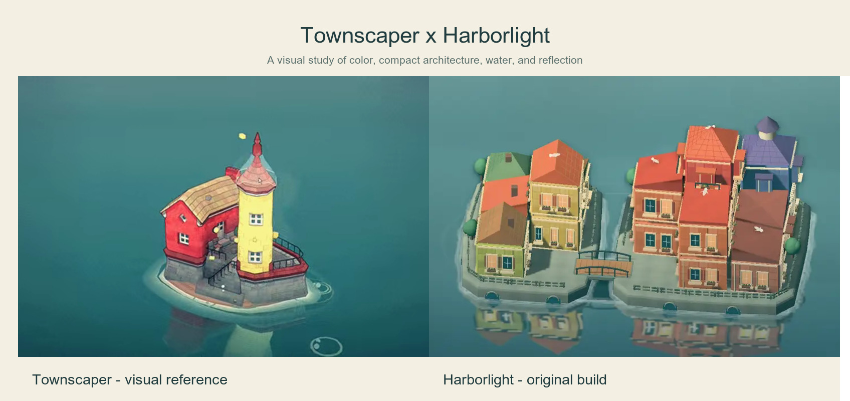A Townscaper scene and a Harborlight town shown side by side