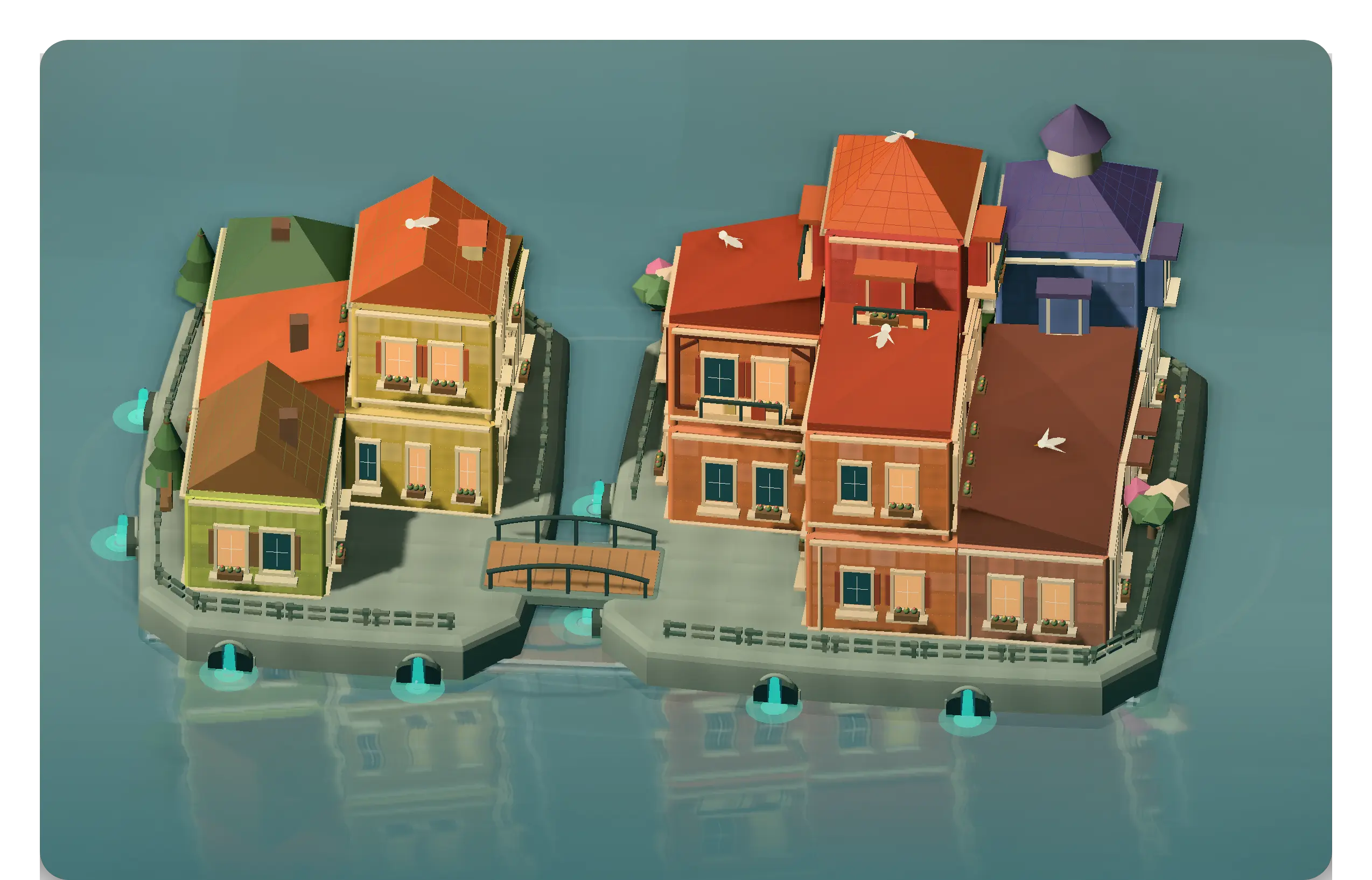 A small harbour town in Harborlight: coloured houses, a wooden bridge and a stone quay reflected in calm water