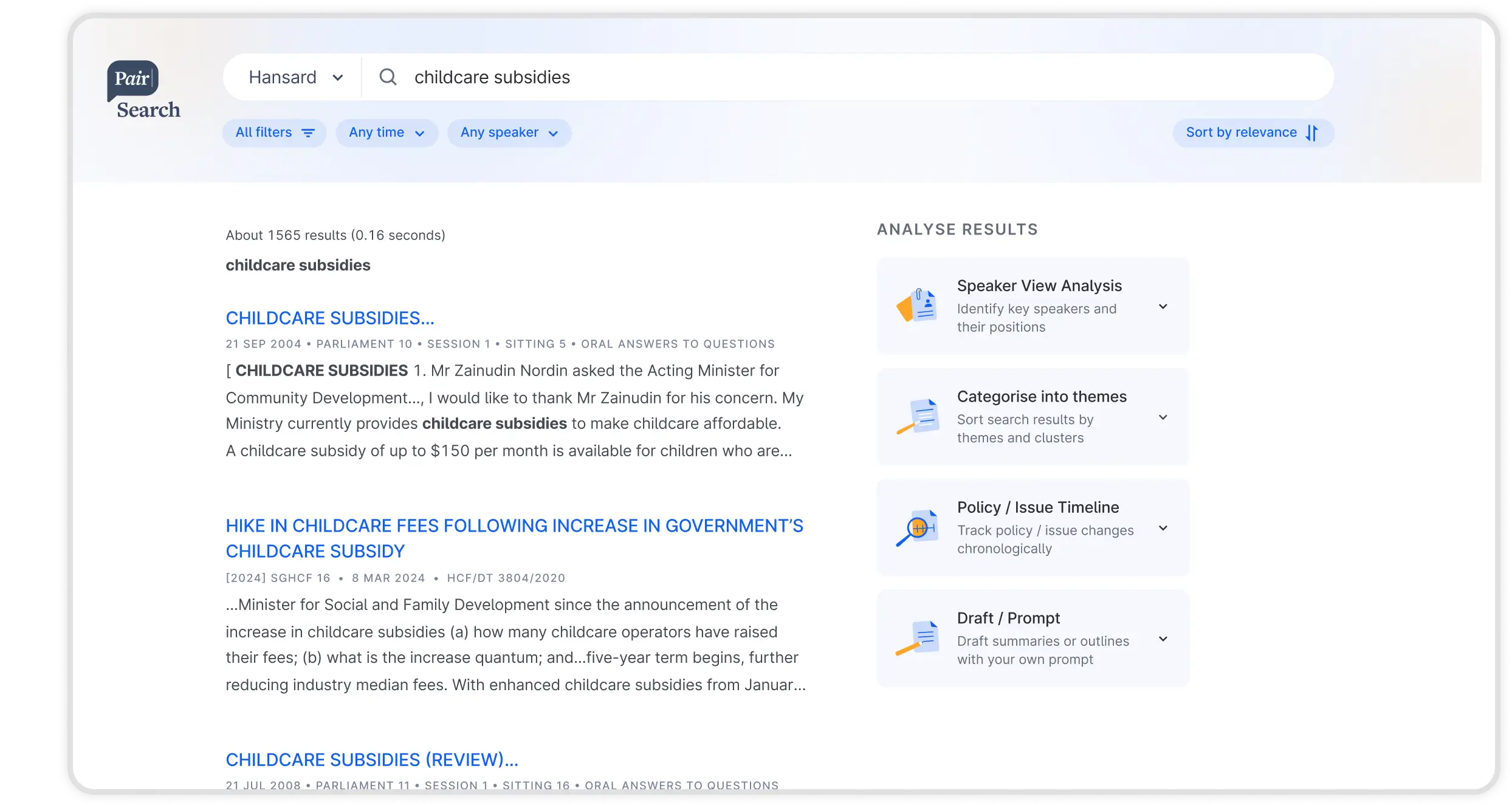 Pair Search product interface
